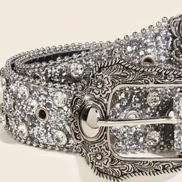 Western Rhinestone Glitter Pleather Belt 40" Length - Picture 2 of 2